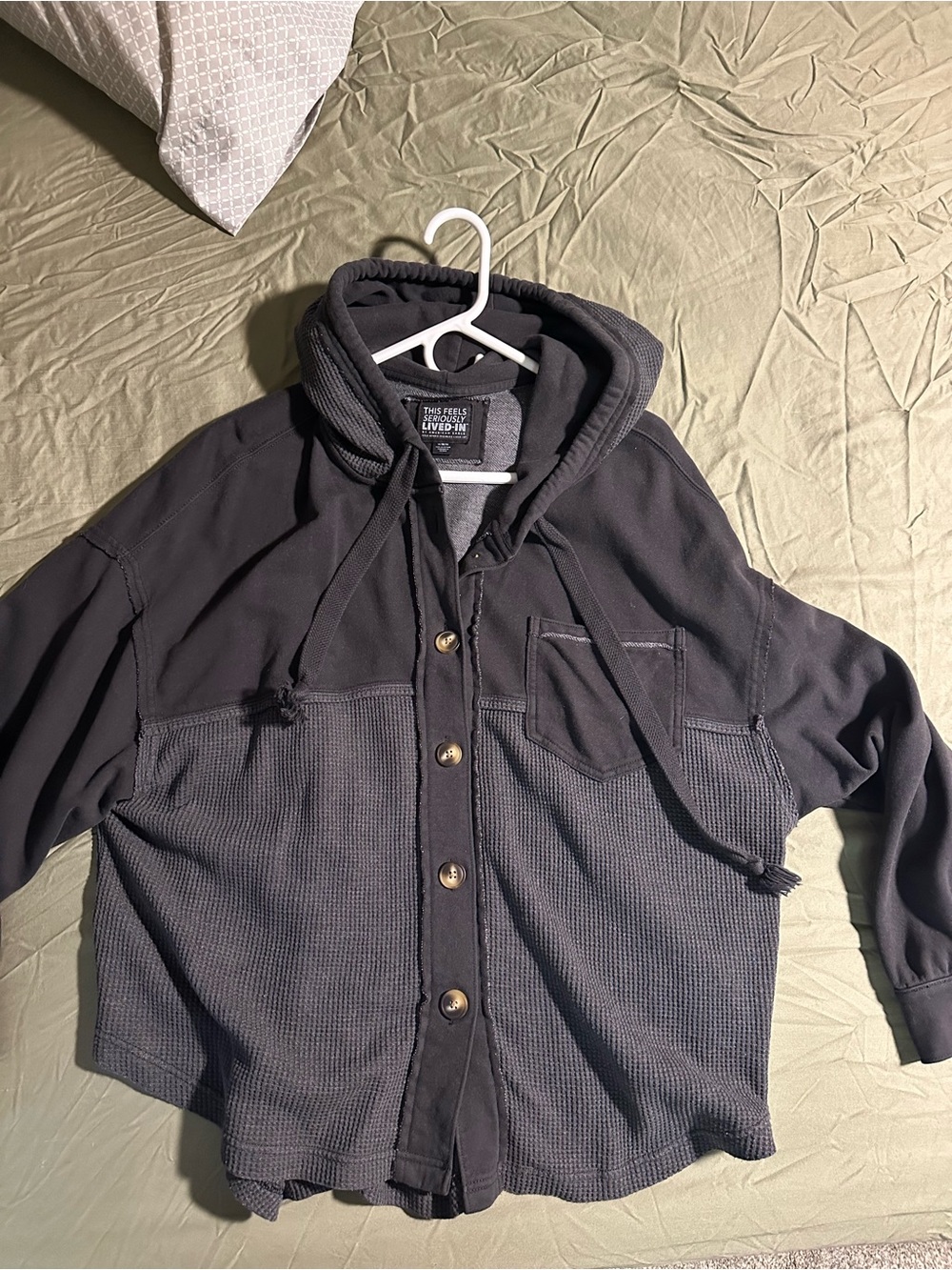 American Eagle Outfitters Black Hooded Teddy Waffle Button Jacket